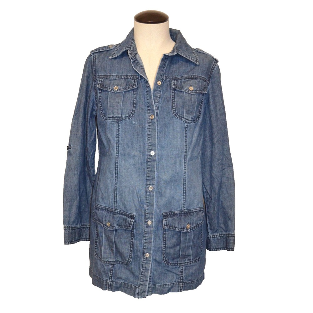 Chico's Blue Jean Light Wt Denim Button Front Shacket Jacket Womens 0 / US S-XS